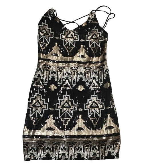 City Triangles Black Gold Sequin Mini Dress Sz 9 Party Cocktail Clubwear - Picture 3 of 12